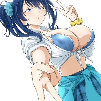 1girl alternate_costume alternate_hairstyle areola_slip bikini bikini_top_only blue_bikini blue_eyes blue_hair breasts bursting_breasts cleavage covered_erect_nipples double_v front-tie_top gyaru highres jacket large_breasts make_heroine_ga_oo_sugiru! medium_hair midriff navel outstretched_arm school_uniform shirt skirt solo swimsuit tied_jacket tied_shirt v yanami_anna