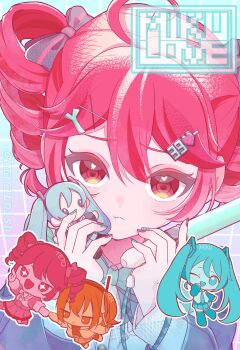 +_+ 3girls a.i._voice adachi_rei ahoge alternate_costume black_bow black_footwear black_nails black_pantyhose black_skirt black_sleeves black_thighhighs blue_bow blue_bowtie blue_eyes blue_hair blue_necktie blue_shirt blush bone boots bow bowtie character_doll chibi curling_iron doll dress drill_hair dual_persona fingernails grey_skirt hair_between_eyes hair_bow hair_ornament hair_ribbon hairclip hatsune_miku highres holding inari_enishi jacket kasane_teto layered_dress long_hair long_sleeves miniskirt multiple_girls necktie one_eye_closed orange_hair pantyhose radio_antenna red_eyes red_hair ribbon shirt shoes side_ponytail skirt thigh_boots thighhighs three-quarter_sleeves twin_drills twintails utau very_long_hair vocaloid white_dress white_footwear white_jacket white_ribbon