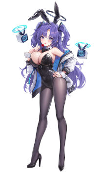 1girl alternate_costume animal_ears bare_shoulders black_leotard blue_archive blush bow bowtie breasts candy cano852 commentary detached_collar drone fake_animal_ears food full_body high_heels highres holding holding_candy holding_food holding_lollipop jacket large_breasts leotard lollipop long_hair long_sleeves looking_at_viewer multicolored_jacket open_mouth pantyhose playboy_bunny purple_eyes purple_hair rabbit_ears simple_background solo standing strapless strapless_leotard thighs two-tone_jacket very_long_hair white_background wrist_cuffs yuuka_(blue_archive)