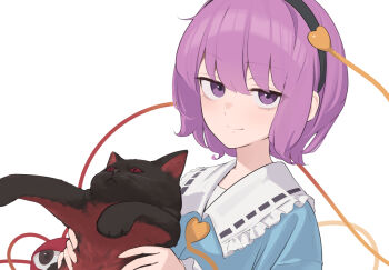 1girl animal animalization black_cat black_hairband blue_shirt buttons cat closed_mouth collared_shirt commentary eyeball frilled_shirt_collar frills hair_ornament hairband heart heart_button heart_hair_ornament holding holding_animal holding_cat kaenbyou_rin kaenbyou_rin_(cat) kanpa_(campagne_9) komeiji_satori looking_at_viewer pink_eyes pink_hair ribbon-trimmed_collar ribbon_trim shirt simple_background smile third_eye touhou white_background