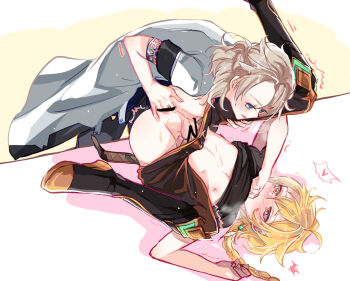 2boys aether_(genshin_impact) ahoge albedo_(genshin_impact) anal_fingering black_boots blonde_hair boots braid braided_ponytail censored clothes_lift earrings fingering genshin_impact green_eyes heart highres jewelry kkaiju legs_up long_hair multiple_boys nipples penis shirt_lift single_earring spoken_heart testicles undressing_another yellow_eyes