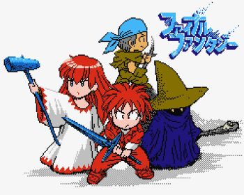 1girl 1other 2boys bandana black_mage black_mage_(fft) black_mage_(final_fantasy) blue_bandana blue_robe copyright_name dithering fighter_(final_fantasy_i) final_fantasy final_fantasy_i glowing glowing_eyes hat holding holding_knife holding_sword holding_wand holding_weapon knife limited_palette long_hair looking_at_viewer multiple_boys no_nose pixel_art protonozawa red_hair robe spiked_hair standing sword thief_(final_fantasy) wand weapon white_mage white_mage_(fft) white_mage_(final_fantasy) white_robe witch_hat yellow_headwear