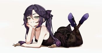 1girl absurdres ass bare_shoulders breasts choker genshin_impact green_eyes grin hair_ornament head_on_hand heart heart-shaped_pupils highres huge_ass kiari_art lace_pantyhose lace_pantyhose_hooked_on_heel_(meme) looking_at_viewer lying meme mona_(genshin_impact) pantyhose purple_hair see-through_clothes simple_background small_breasts smile smug solo symbol-shaped_pupils twintails underwear