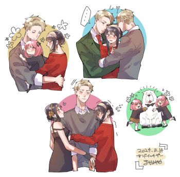 ... ahoge anya_(spy_x_family) bare_shoulders black_bow black_bowtie black_dress black_hair black_shoes blonde_hair blush bond_(spy_x_family) bow bowtie breasts child closed_eyes closed_mouth collared_shirt cropped_torso dated dog dress eden_academy_school_uniform full_body gold_hairband gold_trim green_jacket grey_sweater hair_between_eyes hairband hairpods highres hug jacket long_hair looking_at_another medium_breasts medium_hair necktie off-shoulder_dress off_shoulder official_alternate_costume pink_hair red_dress red_eyes red_necktie school_uniform shirt shirt_under_sweater shoes short_hair short_sleeves sidelocks sleeves_rolled_up smile socks spoken_ellipsis spy_x_family suit_jacket sweatdrop sweater sweater_dress tears texas_hold_&#039;em time_paradox tongue tongue_out trembling twilight_(spy_x_family) umini_ikukara updo vest waistcoat wavy_mouth white_background white_hairband white_shirt white_socks yor_briar