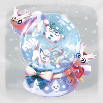 alolan_form alolan_sandshrew alolan_vulpix beak bird blue_eyes claws closed_eyes commentary_request darumaka delibird fox gen_2_pokemon gen_5_pokemon gen_7_pokemon highres multiple_tails nintendo no_humans pokemon pokemon_(creature) pokemon_focus sack sitting snow snow_globe tail vanillite white_fur wings youcing