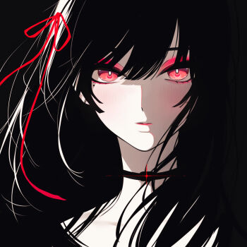 1girl black_background black_choker black_hair blush chisa_(wuthering_waves) choker closed_mouth commentary glint hair_ribbon long_hair looking_at_viewer mole mole_under_eye nariyusan331 portrait red_eyes red_ribbon ribbon solo wuthering_waves