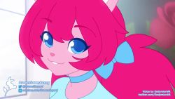 1boy 1girl animal_ears animated blue_eyes blush bouncing_breasts bow breast_drop breasts buck_teeth clothes_lift cutoffs denim denim_shorts dreamflowerbunny endymionva flashing furry furry_female hair_bow indoors interior looking_at_viewer medium_breasts micro_shorts nipples pink_hair pov rabbit_ears rabbit_tail shirt_lift shorts smile sound standing talking teeth twintails undressing video watermark web_address