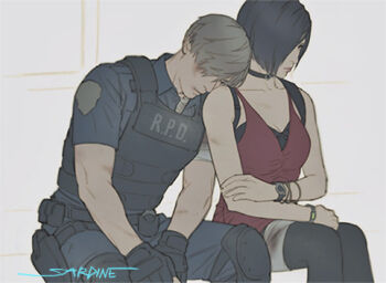 1boy 1girl ada_wong bandages black_gloves black_hair black_leggings blonde_hair body_armor bracelet choker commentary couple dress english_commentary fingerless_gloves gloves hair_over_one_eye jewelry leggings leon_s._kennedy lipstick lowres makeup pale_skin pantyhose police police_uniform red_dress resident_evil resident_evil_2 resident_evil_2_(remake) resting sardine_(kjr0313) short_dress short_hair sitting sleeping sleeping_on_person watch wristwatch