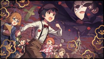 6+girls bird black_hair bow bowtie brown_eyes brown_hair brown_shorts commentary_request eye_mask falling_petals game_cg glasses hakozaki_serika half_eye_mask holding holding_magnifying_glass idolmaster idolmaster_million_live! idolmaster_million_live!_theater_days kinoshita_hinata magnifying_glass mask multiple_girls nakatani_iku official_art ogami_tamaki outdoors petals phantom_thief red_bow red_bowtie round_eyewear running shirt short_hair shorts standing suou_momoko suspender_shorts suspenders third-party_source white_shirt