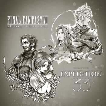 2boys 2girls absurdres aerith_gainsborough aerith_gainsborough_(cosplay) armband armor bangle beard bracelet braid braided_ponytail choker clair_obscur:_expedition_33 cloud_strife cloud_strife_(cosplay) copyright_name cosplay costume_switch crossed_arms facial_hair final_fantasy final_fantasy_vii final_fantasy_vii_remake flower flower_choker furrowed_brow grey_background gustave_(clair_obscur:_expedition_33) gustave_(clair_obscur:_expedition_33)_(cosplay) hair_between_eyes hair_ribbon highres jewelry lily_(flower) long_hair maelle_(clair_obscur:_expedition_33) maelle_(clair_obscur:_expedition_33)_(cosplay) mature_male military_uniform multiple_boys multiple_girls nicholas_maxson-francombe nomura_tetsuya official_art own_hands_clasped own_hands_together parted_bangs pauldrons ponytail ribbon short_hair short_sleeves shoulder_armor sidelocks single_braid spiked_hair suspenders turtleneck upper_body