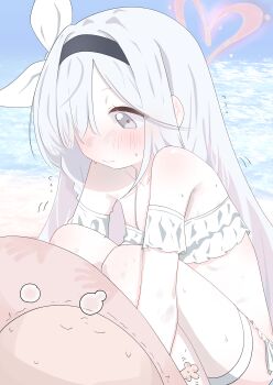 1boy 1girl absurdres bad_link bare_legs bare_shoulders beach bikini black_hairband blue_archive blue_sky blush bow breasts closed_mouth collarbone doodle_sensei_(blue_archive) dot_nose flying_sweatdrops frilled_bikini frills grey_eyes hair_between_eyes hair_bow hair_over_one_eye hair_ribbon hairband halo heart heart_halo highres knees_up loli long_hair looking_at_another ocean outdoors pink_halo plana_(blue_archive) red_pupils ribbon sensei_(blue_archive) sharp_to_sharp sky small_breasts squatting sweat swimsuit thigh_strap thighs trembling very_long_hair white_bikini white_hair white_ribbon