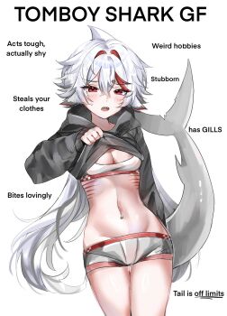 1girl animal_ears black_hoodie blush breasts clothes_lift commentary cowboy_shot crossed_bangs double-parted_bangs english_commentary english_text fins fish_tail gills grey_shorts hair_between_eyes highres hood hood_down hoodie hoodie_lift indie_virtual_youtuber long_hair long_sleeves medium_breasts micro_shorts multicolored_hair navel navel_piercing open_mouth piercing pointing_out_the_details red_eyes red_streaks shark_girl shark_tail sharkyyuna sharkyyuna_(vtuber) sharp_teeth shorts simple_background small_sweatdrop solo stomach streaked_hair tail teeth virtual_youtuber white_background white_hair