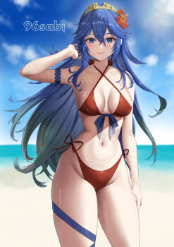1girl alternate_costume beach bikini blue_eyes blue_hair commentary_request commission fire_emblem fire_emblem_awakening highres long_hair looking_at_viewer lucina_(fire_emblem) nintendo red_bikini smile solo swimsuit vgen_commission yamamori_kinako