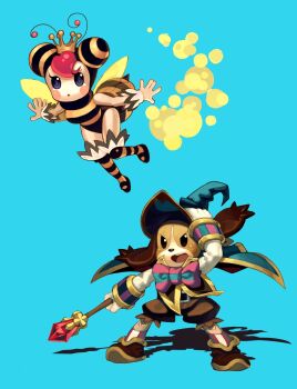 1girl antennae aqua_background aqua_bow aqua_bowtie arthropod_girl artist_request asgard bee_costume bee_girl bee_wings belt_buckle black_boots black_eyes black_hood black_leotard blue_cape blue_hat blush boots bow bowtie brown_capelet brown_fur brown_shoes brown_shorts buckle cape capelet crown diagonal-striped_bow diagonal-striped_bowtie diagonal-striped_clothes dog eyelashes fantasy floppy_ears furry gem gold_crown hat highres holding holding_wand hood hood_up impasto insect_girl insect_wings knee_boots knees_together_feet_apart legs_apart leotard long_sleeves nexon official_art open_hands open_mouth pink_bow pink_bowtie puffy_shorts red_gemstone red_hair red_socks second-party_source shadow shoes shorts simple_background sleeve_cuffs socks striped_bow striped_bowtie striped_clothes striped_footwear striped_hood striped_leotard striped_socks teeth tongue two-tone_fur upper_teeth_only v-shaped_eyes vertical-striped_clothes vertical-striped_socks wand white_fur white_sleeves white_socks white_wrist_cuffs wings wizard_hat wrist_cuffs yellow_boots yellow_hood yellow_leotard yellow_trim yellow_wings