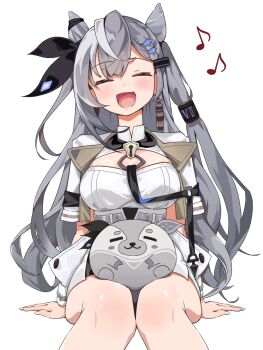 1girl animal animal_on_lap bazo_(vestia_zeta) breasts closed_eyes cone_hair_bun earrings grey_hair hair_bun highres hololive hololive_indonesia jewelry long_hair manab_(manab101) medium_breasts music musical_note on_lap singing single_earring sitting vestia_zeta vestia_zeta_(1st_costume) virtual_youtuber white_background