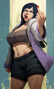 1girl black_hair breasts hyuuga_hinata jacket large_breasts lipstick long_hair makeup middle_finger nail_polish naruto:_road_to_ninja naruto_(series) naruto_shippuuden open_mouth purple_eyes purple_hair redblacktac short_shorts shorts solo tank_top