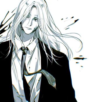 1boy blood blood_spray closed_mouth collared_shirt facial_scar floating_hair greyscale hashtag-only_commentary highres jacket long_hair male_focus momoyoru1 monochrome necktie sakamoto_days scar scar_on_cheek scar_on_face shirt shishiba_(sakamoto_days) short_hair simple_background solo suit_jacket white_background