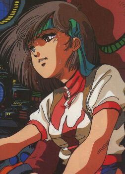Rule 34 | 1980s (style), 1girl, bandana, brown eyes, brown hair, clenched teeth, cockpit, dial, gunbuster, hachimaki, headband, highres, key visual, machinery, mecha, mikimoto haruhiko, official art, oldschool, pilot chair, promotional art, retro artstyle, robot, scan, science fiction, serious, sketch, sweat, sweatdrop, takaya noriko, teeth, top wo nerae!, top wo nerae! (series), traditional media, uniform