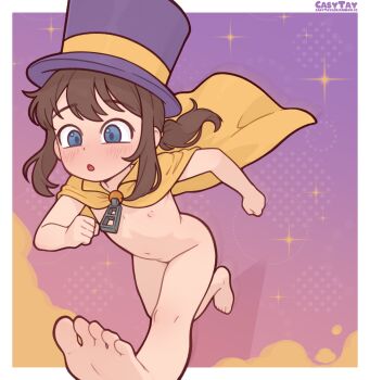 1girl a_hat_in_time album_cover barefoot blue_eyes border brown_hair cape casytay commentary cover english_commentary fake_cover flat_chest hat hat_kid highres loli nipples nude open_mouth paid_reward_available ponytail purple_hat running soles solo toes top_hat variant_set white_border yellow_cape