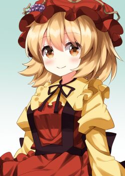 Rule 34 | 1girl, aki minoriko, apron, black ribbon, blonde hair, blush, closed mouth, collared shirt, commentary request, food, frilled shirt collar, frills, fruit, gradient background, grapes, green background, hat, hat ornament, highres, juliet sleeves, long sleeves, looking at viewer, mob cap, neck ribbon, orange eyes, puffy sleeves, red apron, red hat, ribbon, ruu (tksymkw), shirt, short hair, smile, solo, touhou, upper body, white background, yellow shirt