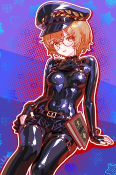 1girl abstract_background absurdres belt black_bodysuit black_nails bodysuit book breasts brown_eyes brown_hair clio_aite commission fingerless_gloves finn_flint glasses gloves highres latex latex_bodysuit microskirt open_mouth phase_connect round_eyewear shiny_clothes short_hair skirt small_breasts smile virtual_youtuber