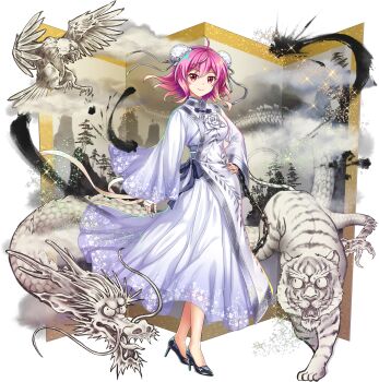 1girl alternate_costume bandaged_arm bandages bird black_shoes breasts bun_cover chain closed_mouth cuffs double_bun dragon dress eagle eastern_dragon floral_print flower folding_screen game_cg gradient_clothes gradient_dress hair_bun hand_on_own_hip high_heels highres houso_(touhou) ibaraki_kasen ibaraki_kasen_(sociable_white_hermit) ink kanda_(touhou) koutei_(touhou) long_sleeves looking_at_viewer medium_breasts medium_hair official_art pink_eyes pink_hair print_dress purple_dress rose rotte_(1109) shackles shoes silver_trim smile solo sparkle tabard third-party_source tiger touhou touhou_lostword transparent_background whiskers white_dress white_flower white_rose white_tabard wide_sleeves