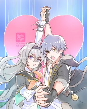 1boy 1girl black_gloves black_jacket blue_pupils caelus_(honkai:_star_rail) english_text fingerless_gloves firefly_(honkai:_star_rail) gloves heart heart_background highres honkai:_star_rail honkai_(series) interlocked_fingers jacket long_sleeves nataeliza neckerchief open_clothes open_jacket open_mouth orange_neckerchief shirt teeth trailblazer_(honkai:_star_rail) upper_teeth_only white_shirt white_sleeves yellow_eyes