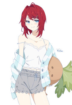 1girl ange_katrina blue_eyes commentary_request cowboy_shot frilled_shorts frills hair_intakes hair_ornament hairclip highres light_blush lingerie medium_hair negligee nijisanji red_hair shorts simple_background smile solo stuffed_toy underwear virtual_youtuber watae_soubi white_background white_negligee