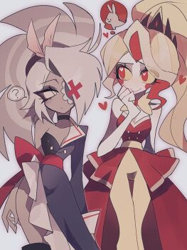 2girls ? asymmetrical_dress blonde_hair bow charlie_morningstar circle_facial_mark colored_inner_hair colored_sclera colored_skin couple demon_girl dress eyepatch frilled_eyepatch grey_skin hair_bow hair_over_one_eye hazbin_hotel heart heart-shaped_pupils hellaverse multicolored_hair multiple_girls official_alternate_costume official_alternate_hairstyle pink_sclera ponytail red_eyes speech_bubble spoken_question_mark symbol-shaped_pupils thought_bubble toma_01415 vaggie white_skin yellow_sclera