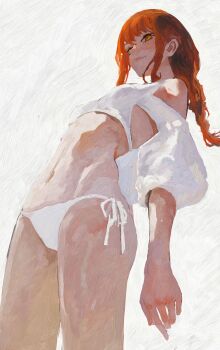 1girl absurdres alternate_costume bikini breasts brush_stroke chainsaw_man clothing_cutout cropped_legs daodtt from_below hashtag-only_commentary highres long_hair long_sleeves looking_at_viewer lowleg lowleg_bikini makima_(chainsaw_man) medium_breasts navel orange_eyes ponytail red_hair shoulder_cutout sidelocks smile solo standing swimsuit traditional_media white_background white_bikini