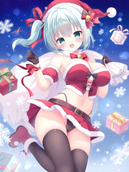 1girl :d aqua_eyes armband belt belt_buckle black_belt black_panties black_thighhighs blush boots breasts buckle cameltoe choppy_bangs christmas christmas_present commentary_request cropped_shirt cross-laced_clothes cross-laced_top foot_out_of_frame fur-trimmed_boots fur-trimmed_shirt fur-trimmed_skirt fur_trim gift grey_hair hands_up hat highleg highleg_panties highres holding holding_sack large_breasts leg_up looking_at_viewer midriff miniskirt navel nekoboshi_yuki one_side_up open_mouth original panties red_armband red_boots red_shirt red_skirt sack santa_costume santa_hat shirt short_hair skirt smile snowflakes solo strapless strapless_shirt string_panties thighhighs underwear