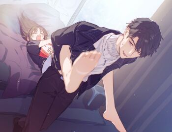 Rule 34 | 1boy, 1girl, barefoot, black hair, black jacket, black pants, black shirt, blurry, blurry foreground, brown eyes, brown hair, caleb (love and deepspace), closed eyes, commentary request, dragging, furrowed brow, hair between eyes, hetero, highres, jacket, jewelry, long hair, love and deepspace, necklace, on bed, open mouth, pants, protagonist (love and deepspace), shirt, short hair, shorts, smile, sweatdrop, sweater, tears, turtleneck, turtleneck sweater, white shorts, white sweater, zassyoku dd