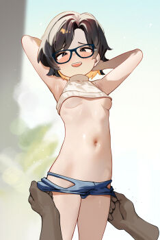 1boy 1girl armpits arms_behind_head arms_up black-framed_eyewear black_eyes black_hair blue_shorts blush breasts closed_mouth clothes_lift clothing_cutout cowboy_shot crop_top glasses highres hip_vent kani_fish loli looking_at_viewer midriff multicolored_hair navel original pulling_another's_clothes short_hair short_shorts shorts sleeveless sleeveless_turtleneck small_breasts smile solo standing sweater teeth thighs turtleneck turtleneck_sweater two-tone_hair underboob upper_teeth_only