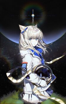 Rule 34 | 1girl, absurdres, alternate costume, animal ears, arknights, arknights: endfield, bird ears, bird girl, black background, blue eyes, chinese commentary, commentary request, cowboy shot, cuipian bianti, gloves, grass, grey hair, hair ornament, helmet, highres, holding, holding unworn helmet, jacket, long hair, looking at viewer, morse code, outdoors, parted lips, perlica (arknights), planet, pleated skirt, procreate (medium), rainbow, reflection, silhouette, skirt, sky, solo, space helmet, standing, star (sky), starry sky, unworn headwear, unworn helmet, white gloves, white jacket, white skirt