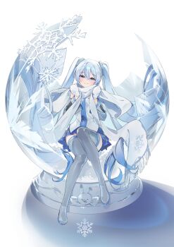 1girl absurdly_long_hair absurdres ahoge aqua_eyes aqua_hair blue_hair blue_necktie blue_trim blush boots breasts chap_sal_! closed_mouth commentary_request detached_sleeves full_body gradient_hair hair_between_eyes hair_ornament hatsune_miku headphones headset highres long_hair long_sleeves looking_at_viewer mittens multicolored_hair necktie pleated_skirt rabbit_yukine scarf shiny_clothes shirt sitting skirt sleeveless sleeveless_shirt small_breasts smile snowflake_print snowflakes solo thigh_boots tie_clip twintails very_long_hair vocaloid white_mittens white_scarf white_skirt wide_sleeves yuki_miku yuki_miku_(2011)