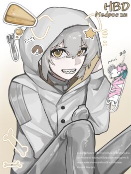 1other airtree character_name coat dated drawn_ears feet_out_of_frame fork grey_hair grey_pants grin hand_on_own_head highres hood hood_up hooded_coat knees_up looking_at_viewer medicine_pocket mouse_(animal) pants reverse:1999 sharp_teeth short_hair smile solo star_(symbol) teeth thai_text white_coat yellow_background yellow_eyes