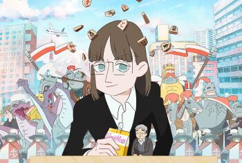 Rule 34 | 1boy, 1girl, animal, aqua eyes, armor, artist request, brown hair, building, drink, glasses, horse, karolina styczynska, looking at viewer, official art, outdoors, plane, shield, shogi, straight hair, susume, karolina., sword, tagme, weapon