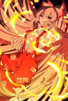 1girl artist_name bow commentary_request expressionless fire fujiwara_no_mokou hair_bow highres long_hair looking_at_viewer pants reaching reaching_towards_viewer red_eyes red_pants shirt so_mame3 solo suspenders touhou white_hair white_shirt