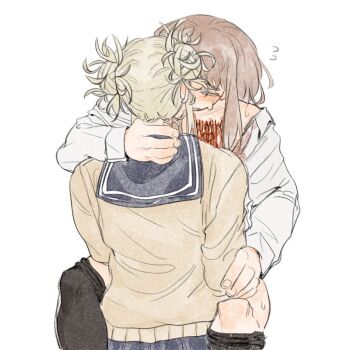 2girls between_legs black_sailor_collar black_thighhighs blonde_hair blood blood_on_chest blush boku_no_hero_academia brown_hair closed_eyes commentary cuts feikefen flying_sweatdrops guro hashtag-only_commentary injury multiple_girls sailor_collar school_uniform simple_background sweat sweater tears thighhighs thighhighs_pull toga_himiko uraraka_ochako white_background yandere yellow_sweater yuri