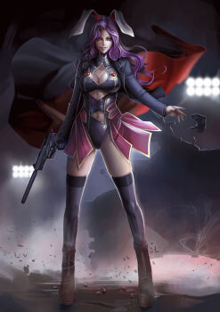 1girl absurdres ammunition animal_ears backlighting black_jacket black_thighhighs boots breasts brown_boots cape cartridge_case cleavage cleavage_cutout clenched_teeth clothing_cutout dantewontdie female_focus floodlights full_body gem gloves grin gun h&amp;k_usp handgun heckler_&amp;_koch highres hip_focus holding holding_gun holding_weapon jacket knee_boots large_breasts legs_apart leotard light lights long_hair long_sleeves looking_to_the_side miniskirt navel navel_cutout open_clothes open_jacket parted_lips pink_eyes pink_skirt pistol platform_boots platform_footwear pleated_skirt purple_hair rabbit_ears red_gemstone reisen_udongein_inaba shell_casing showgirl_skirt single_glove skin_tight skindentation skirt smile solo standing suppressor taut_clothes teeth thighhighs touhou trigger_discipline turtleneck unworn_gloves wavy_hair weapon wind wind_lift
