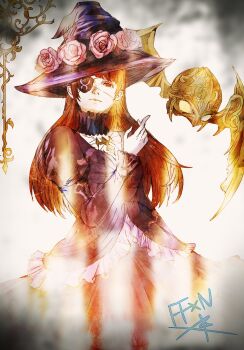 1girl brown_eyes brown_hair closed_mouth commentary_request copyright_name dress edda_blackbosom eyepatch final_fantasy final_fantasy_xiv flower hand_up hat hat_flower hyur juliet_sleeves long_hair long_sleeves pink_flower pink_rose puffy_sleeves purple_dress purple_hat rose ruka_(blueplus84) witch_hat