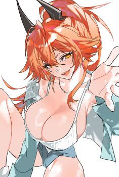 Rule 34 | 1girl, black horns, breasts, commentary request, gauze, gauze on nose, goddess of victory: nikke, highres, horns, korean commentary, large breasts, mechanical horns, mimlmi, official alternate costume, red hood (nikke), red hood (retro days) (nikke), simple background, solo, white background