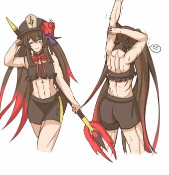 alternate_body_build alternate_body_size bikini brown_hair frilled_bikini frills genshin_impact hat highres hu_tao_(genshin_impact) muscular muscular_back muscular_female muscular_legs red_eyes reference_sheet sketch staff_of_homa_(genshin_impact) stretching swimsuit twintails yukiart_83