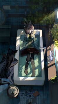 2girls absurdres agnes_tachyon_(tach-nology)_(umamusume) agnes_tachyon_(umamusume) ahoge animal_ears bathroom black_hair brown_hair earrings full_body hair_between_eyes highres horse_ears horse_girl horse_tail in_bathtub jewelry kneeling lab_coat long_hair long_sleeves m_u_s_i_n manhattan_cafe_(creeping_black)_(umamusume) manhattan_cafe_(umamusume) medium_hair multiple_girls no_shoes pantyhose plant red_eyes shirt single_earring sleeves_past_fingers sleeves_past_wrists soap_dispenser table tail umamusume wading window