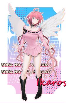 Rule 34 | 1girl, abstract background, absurdres, ahoge, alternate costume, angel, angel wings, ankle boots, arms at sides, black boots, boots, broken, broken chain, chain, chain leash, character name, collar, collarbone, commentary, commission, copyright name, feathered wings, full body, green eyes, hair ribbon, high heel boots, high heels, highres, ikaros, leash, long hair, long sleeves, looking at viewer, low twintails, metal collar, miniskirt, parted lips, pink hair, pink skirt, pink sweater, pleated skirt, red ribbon, ribbon, robot ears, sebakanken, skirt, sora no otoshimono, standing, sweater, thighs, twintails, very long hair, white wings, wings