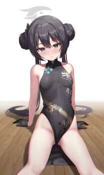 1girl absurdres arm_support black_dress black_gloves black_hair blue_archive blush breasts commentary double_bun dragon_print dress gloves grey_background grey_eyes hair_bun halo highres kisaki_(blue_archive) kumarang loli long_hair looking_at_viewer parted_lips pelvic_curtain print_dress sitting sleeveless sleeveless_dress small_breasts solo sweat thighs twintails
