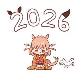 >:) 1girl 2026 animal_ears chibi chibi_only chinese_zodiac closed_eyes commentary_request doodle_inset facepaint facing_viewer furisode hair_wagging hanamiya_nina_(style) hinoshita_kaho horse_ears horse_girl horse_tail japanese_clothes kemonomimi_mode kimono link!_like!_love_live! long_sleeves love_live! orange_hair orange_kimono simple_background solo split_mouth sunkeun tail two_side_up u_u v-shaped_eyebrows virtual_youtuber white_background year_of_the_horse