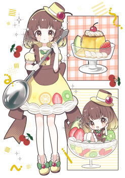 1girl :d aobahosino bare_shoulders blonde_hair blunt_bangs blush_stickers bow brown_hair cherry chibi closed_mouth commentary cream cup detached_sleeves dot_nose dress food footwear_bow fruit full_body gradient_hair green_bow hat highres holding holding_spoon in_container in_cup looking_at_viewer multicolored_hair open_mouth original oversized_object pudding shoes short_hair short_sleeves signature sleeveless sleeveless_dress smile spoon standing strawberry thick_eyebrows two-tone_hair yellow_dress yellow_eyes yellow_hat yellow_shoes yellow_sleeves