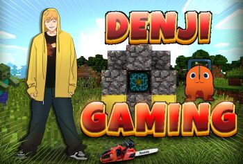 1boy absurdres baggy_pants black_shirt blonde_hair blue_sky chainsaw chainsaw_man character_name cloud day denji_(chainsaw_man) grass grey_pants grin highres hood hood_up hooded_jacket jacket minecraft pants pochita_(chainsaw_man) shirt shoes short_hair sky smile sneakers standing xyanaid yellow_eyes zombie zombie_(minecraft)