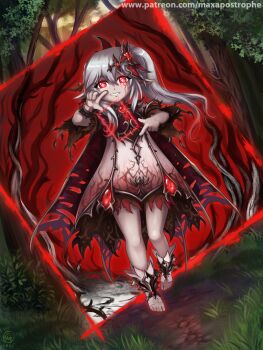 1girl alternate_eye_color alternate_hair_color cape commentary cross-shaped_pupils dark_persona dress english_commentary forest full_body genshin_impact gradient_clothes gradient_dress grass grey_hair half_crown_braid magic maxa&#039; nahida_(genshin_impact) nature pale_skin red_eyes short_dress side_ponytail solo stirrup_footwear symbol-shaped_pupils torn_cape torn_clothes watermark web_address white_dress